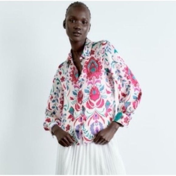 Zara Tops - Zara Floral Satin Button Down Long Sleeve Blouse Small Preppy Boho Pink